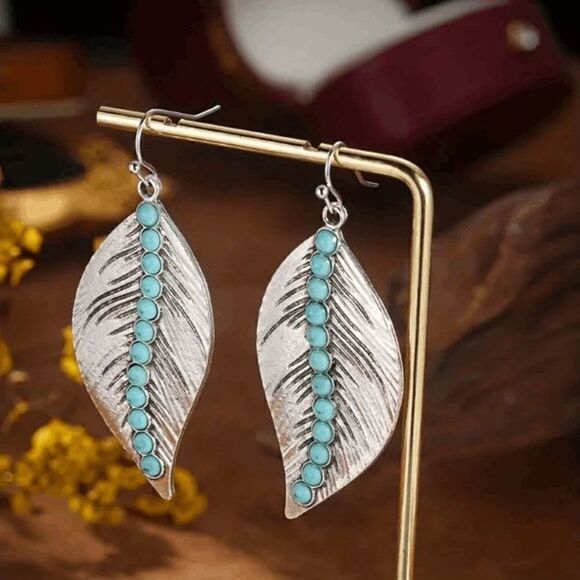 Bohemian Western Leaf Shaped Silver Turquoise Earrings - Picture 2 of 6